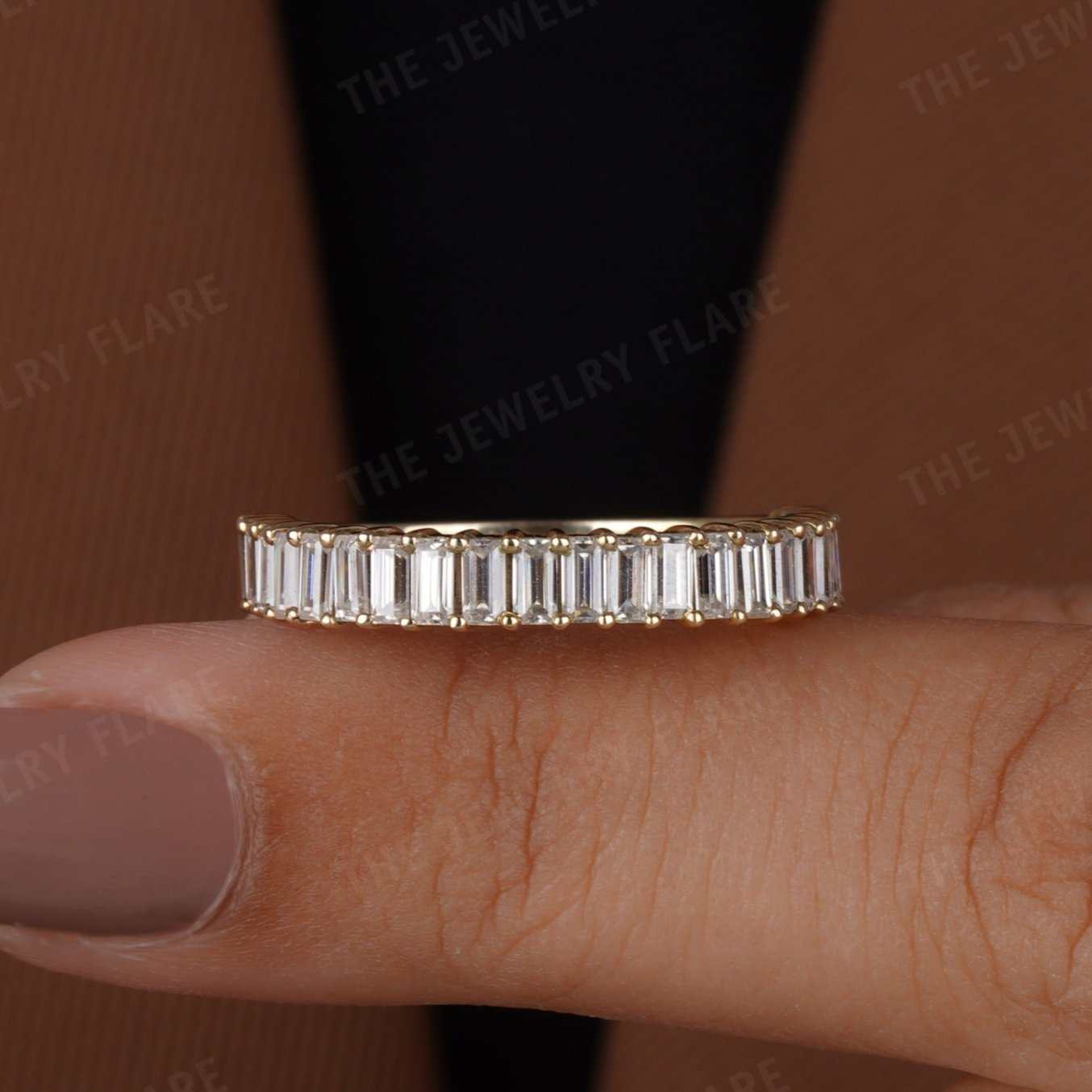 Baguette Step Cut Diamond Shared Prongs Half Eternity Wedding Band First