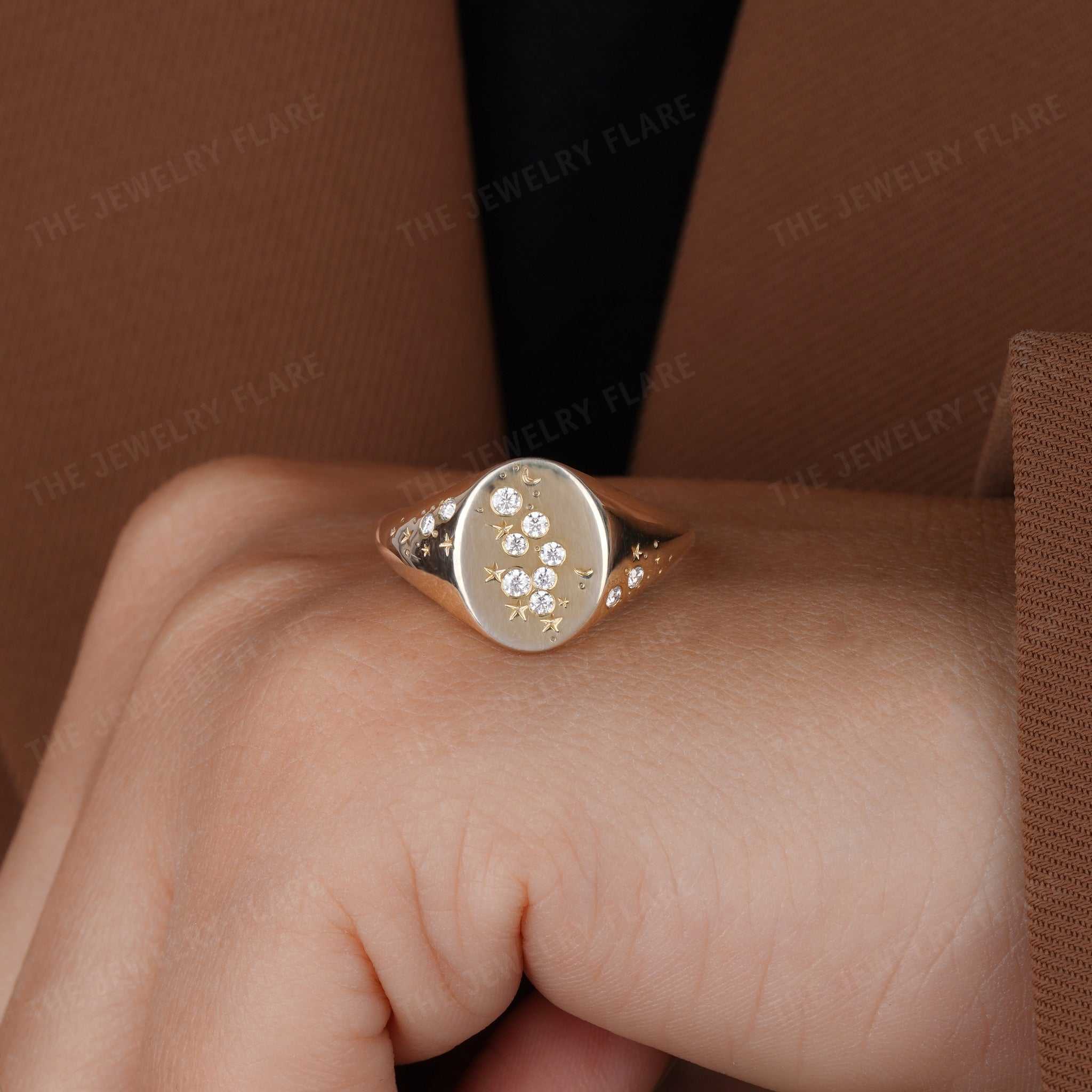 Oval Shaped Starburst Celestial Moon and Star Signet Ring Forth