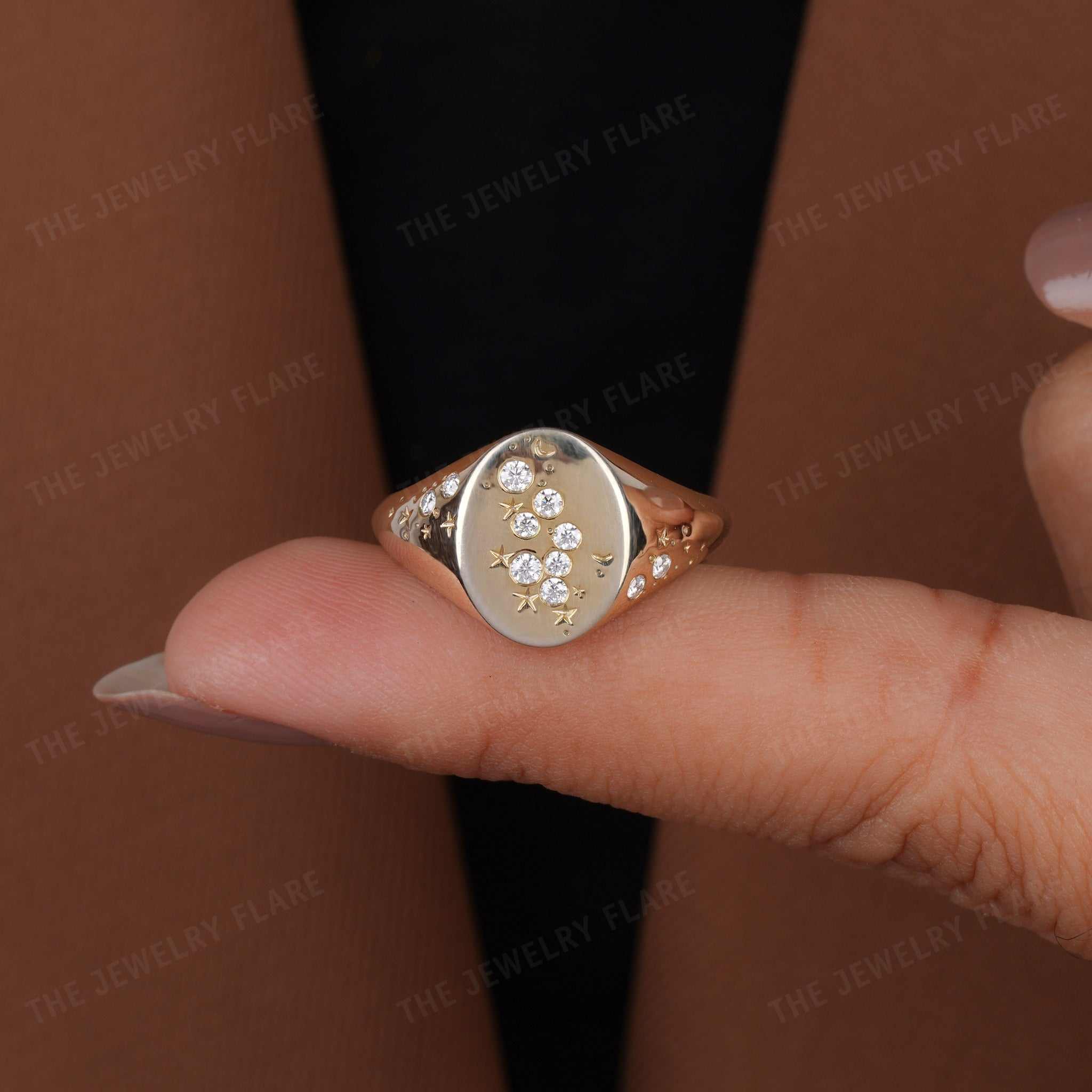 Oval Shaped Starburst Celestial Moon and Star Signet Ring Seven