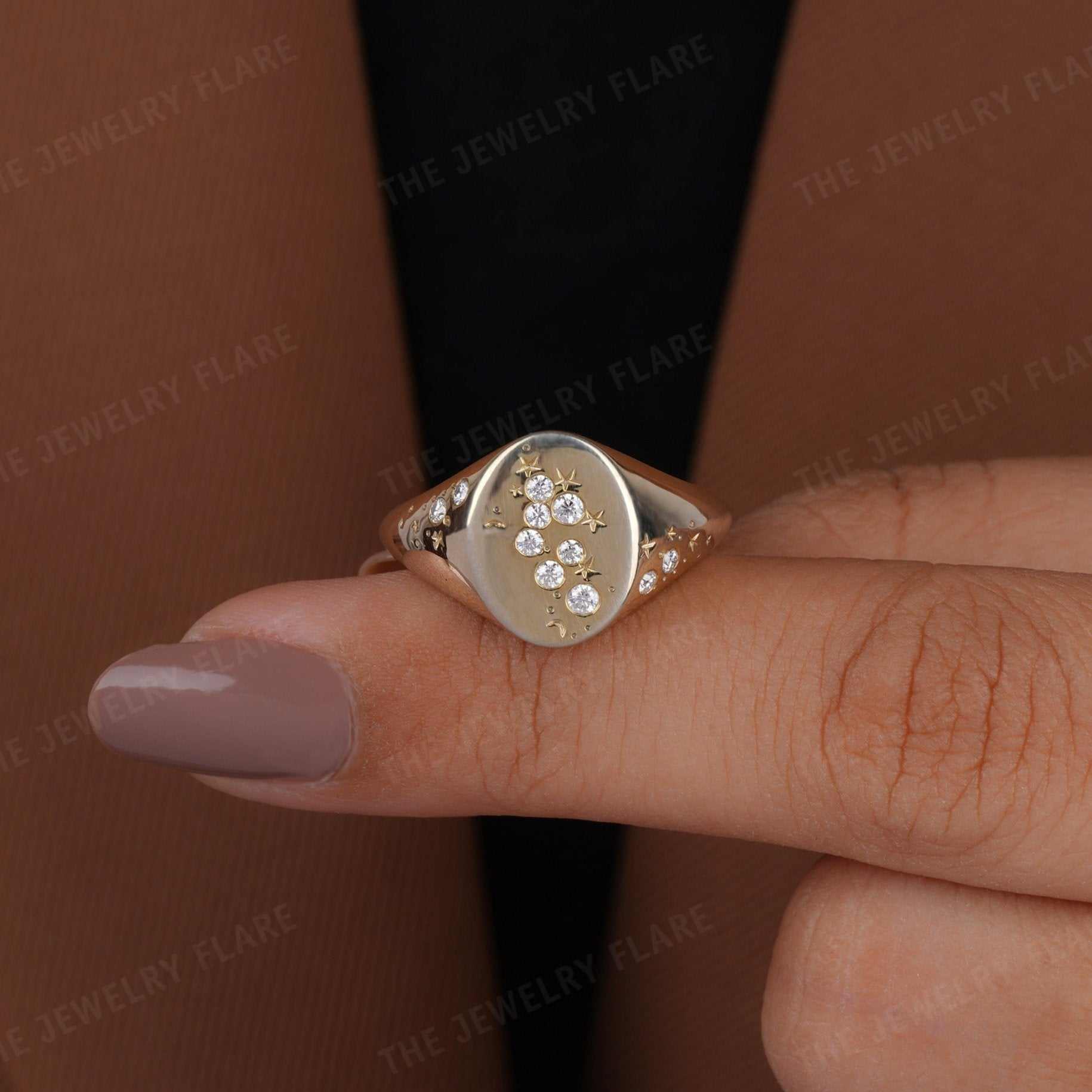 Oval Shaped Starburst Celestial Moon and Star Signet Ring First