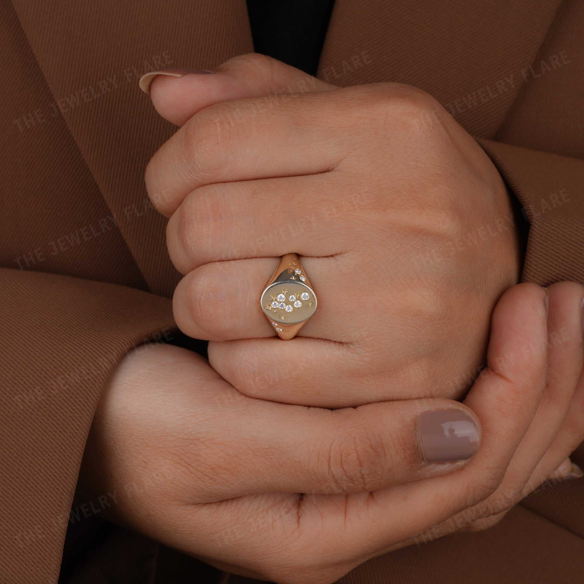 Oval Shaped Starburst Celestial Moon and Star Signet Ring Fifth