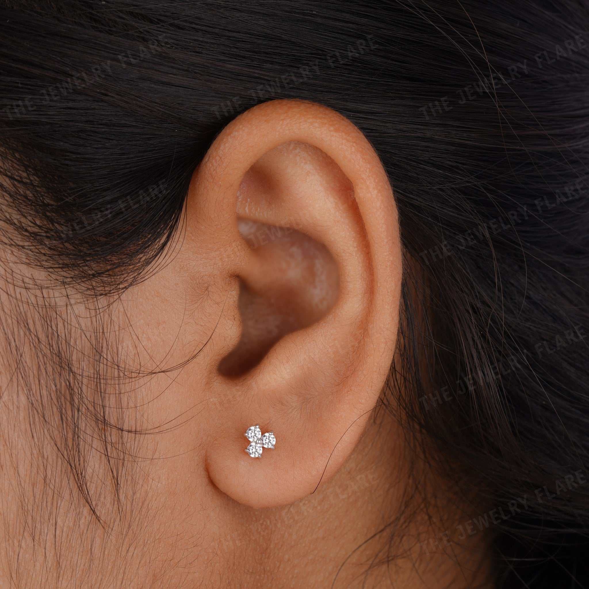 Three Diamond Cluster Push Back Stud Earrings Third