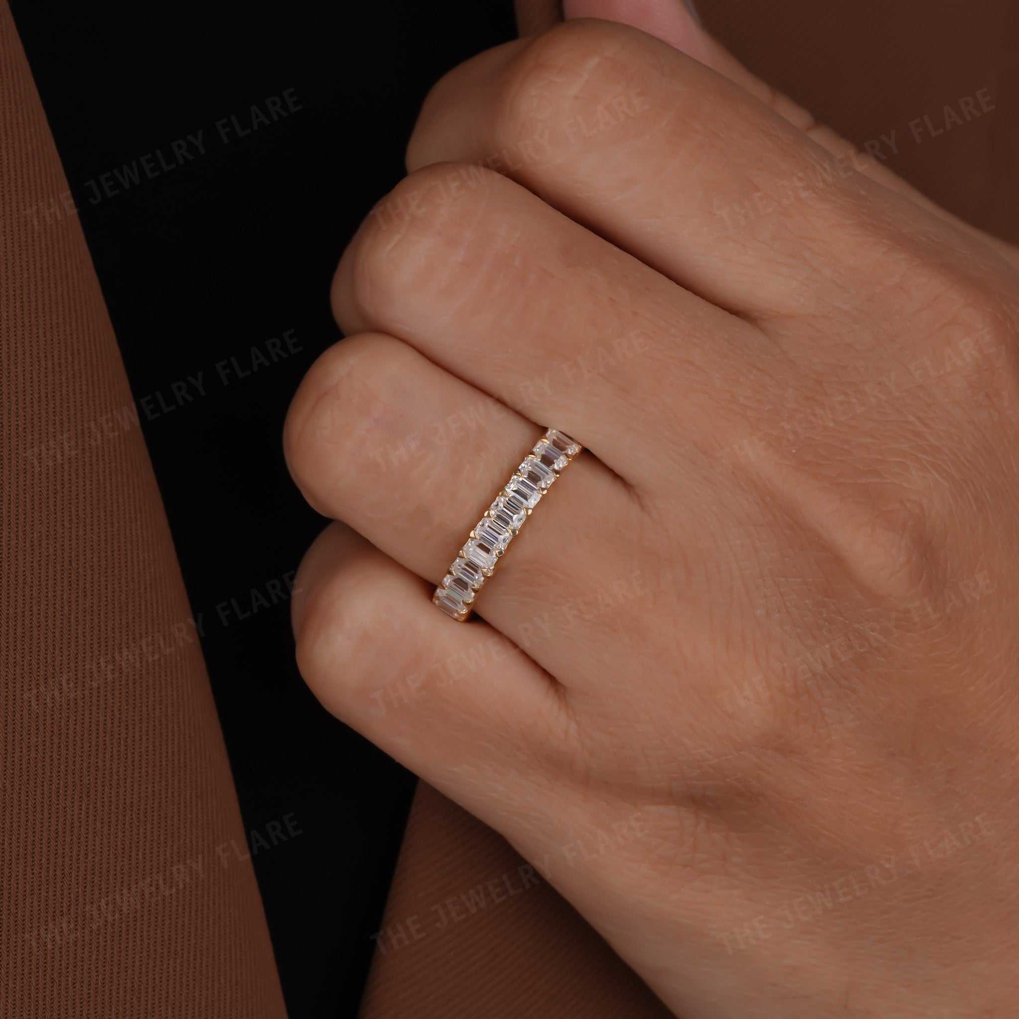 Baguette Step Cut Diamond Shared Prongs Half Eternity Wedding Band Seven