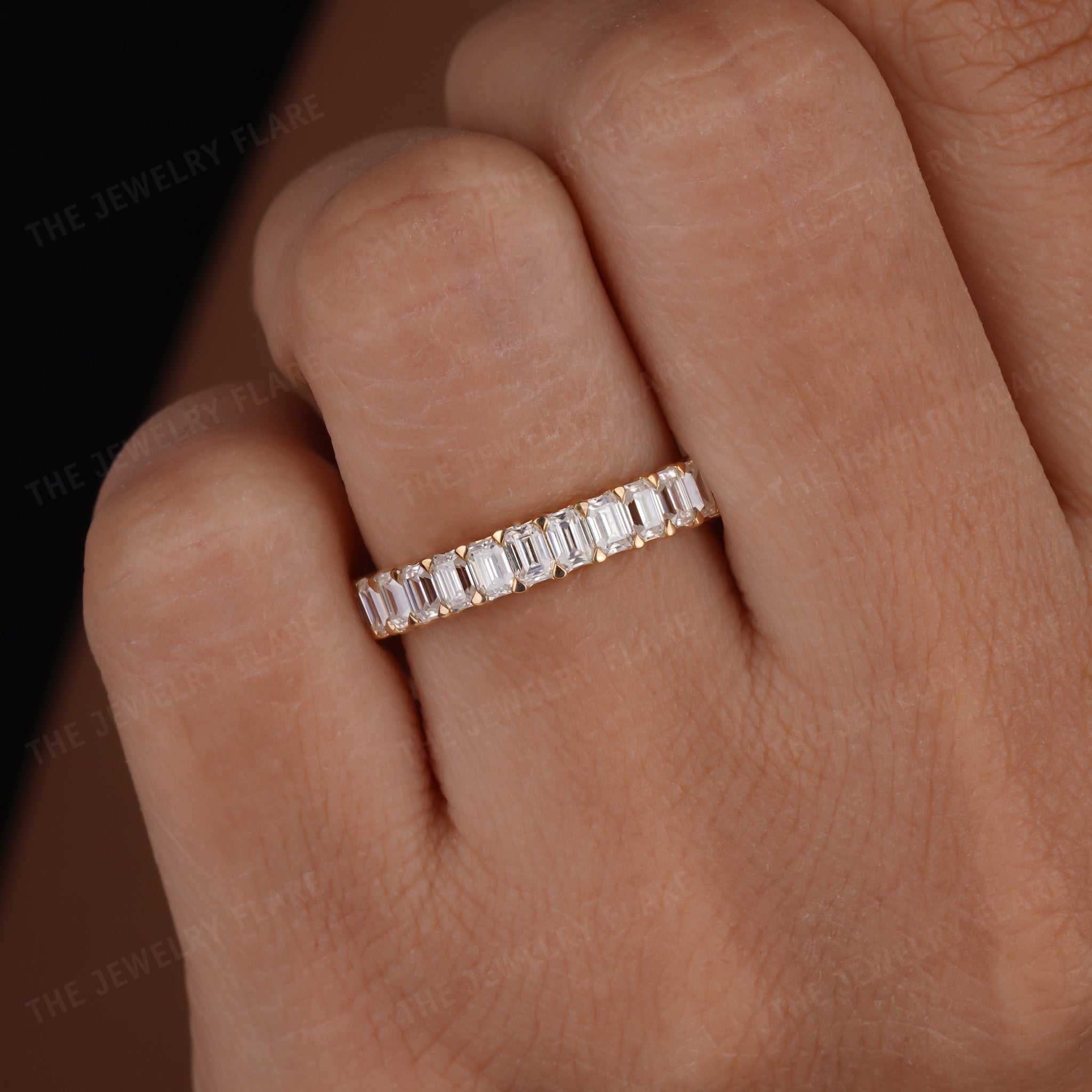 Baguette Step Cut Diamond Shared Prongs Half Eternity Wedding Band Second