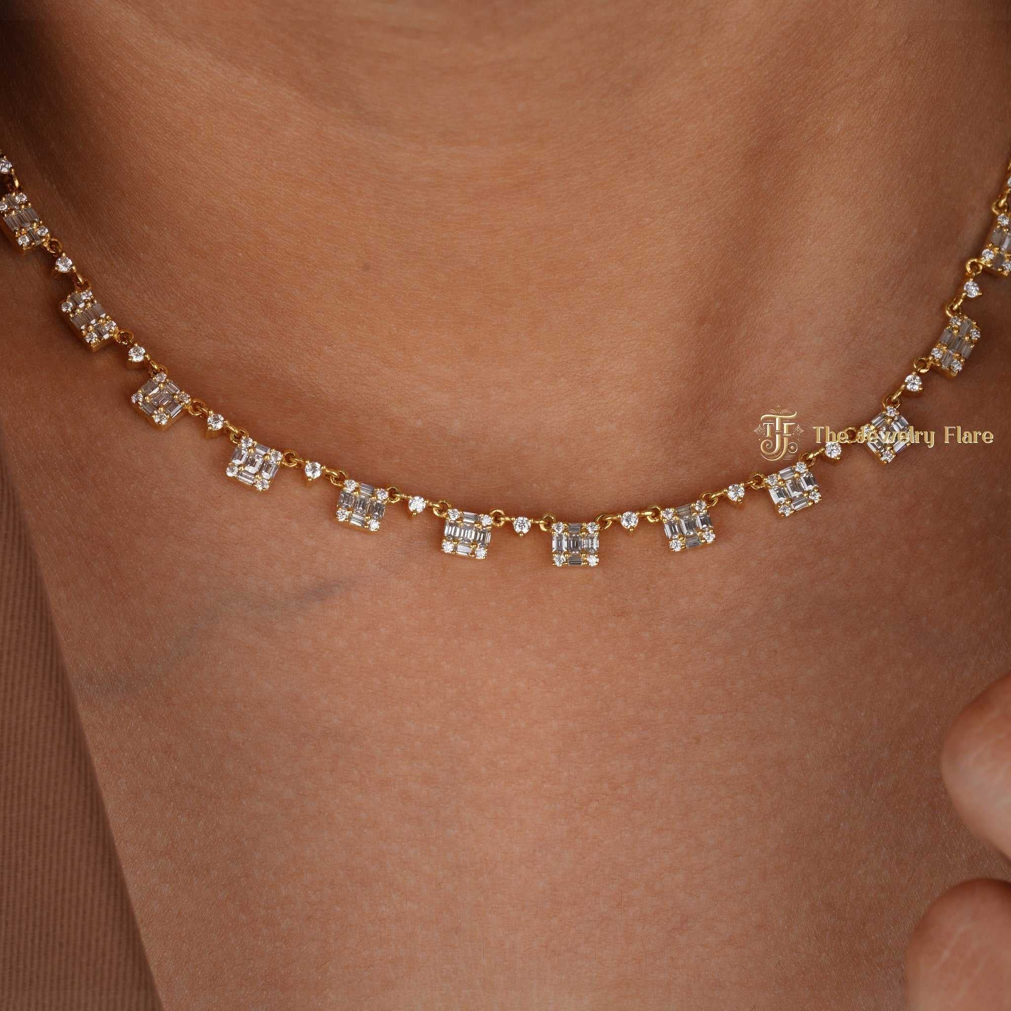 Baguette and Round Diamond Drop Station Necklace Six