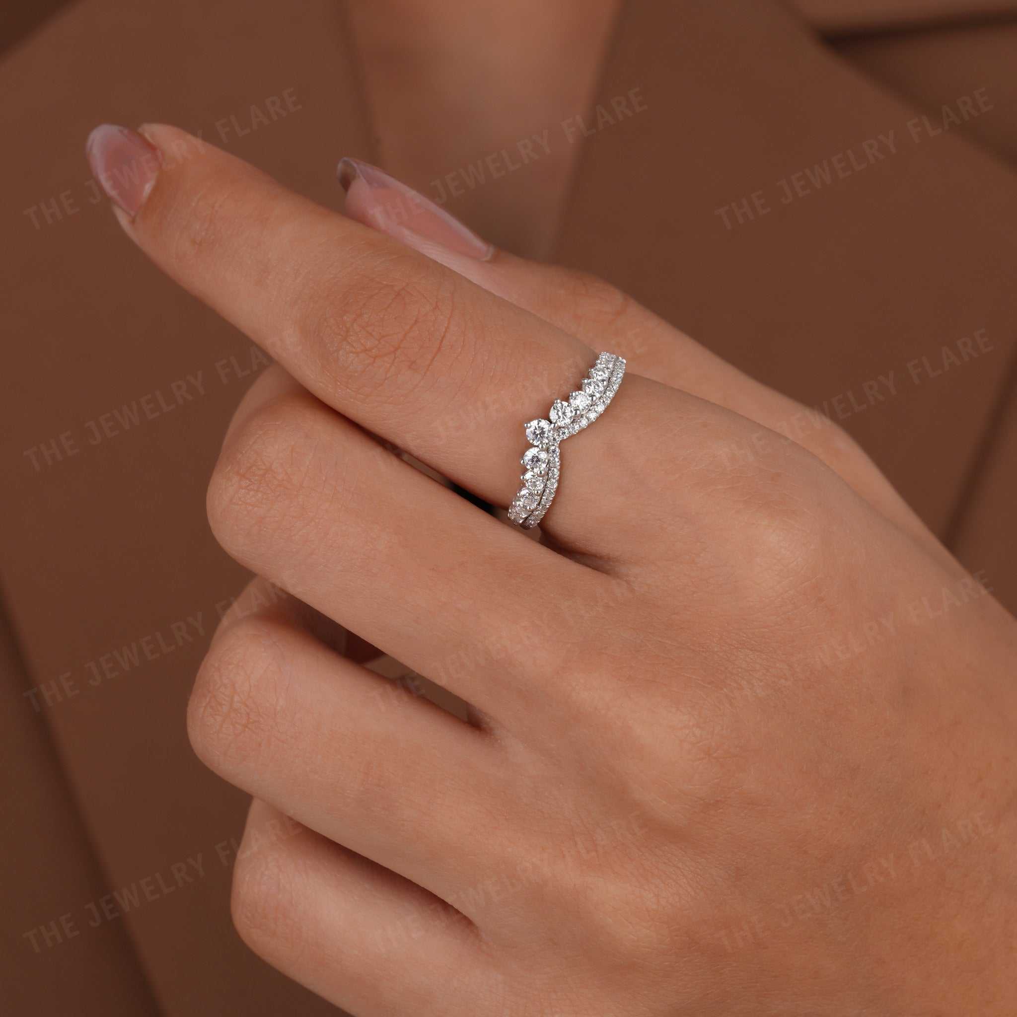 V Shaped Chevron Curved Pave Wedding Band Second