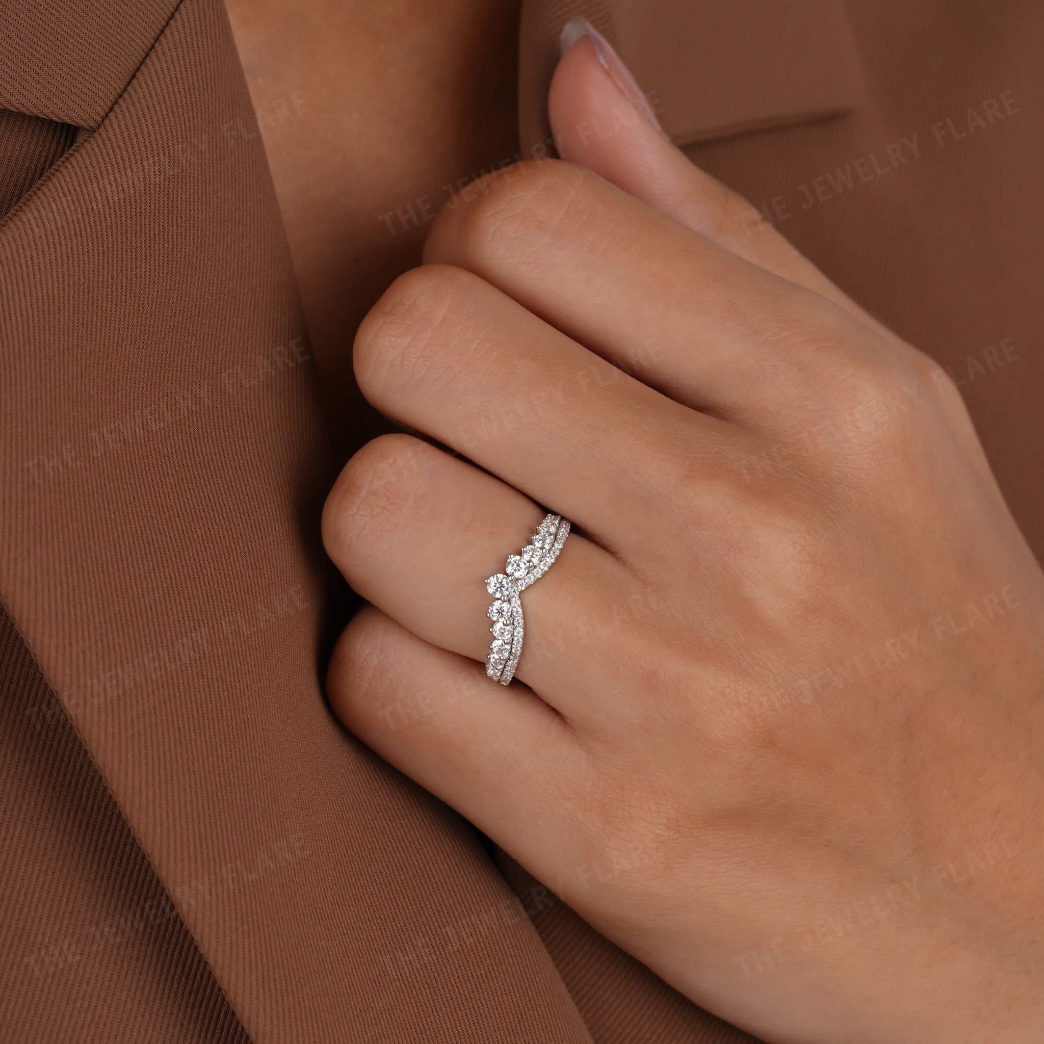 V Shaped Chevron Curved Pave Wedding Band Seven