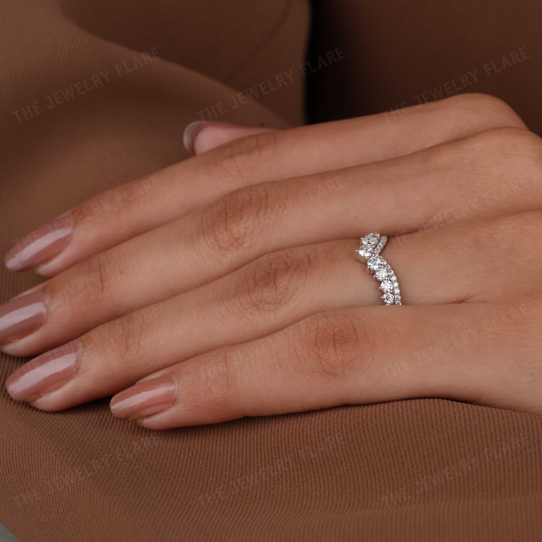 V Shaped Chevron Curved Pave Wedding Band Eight