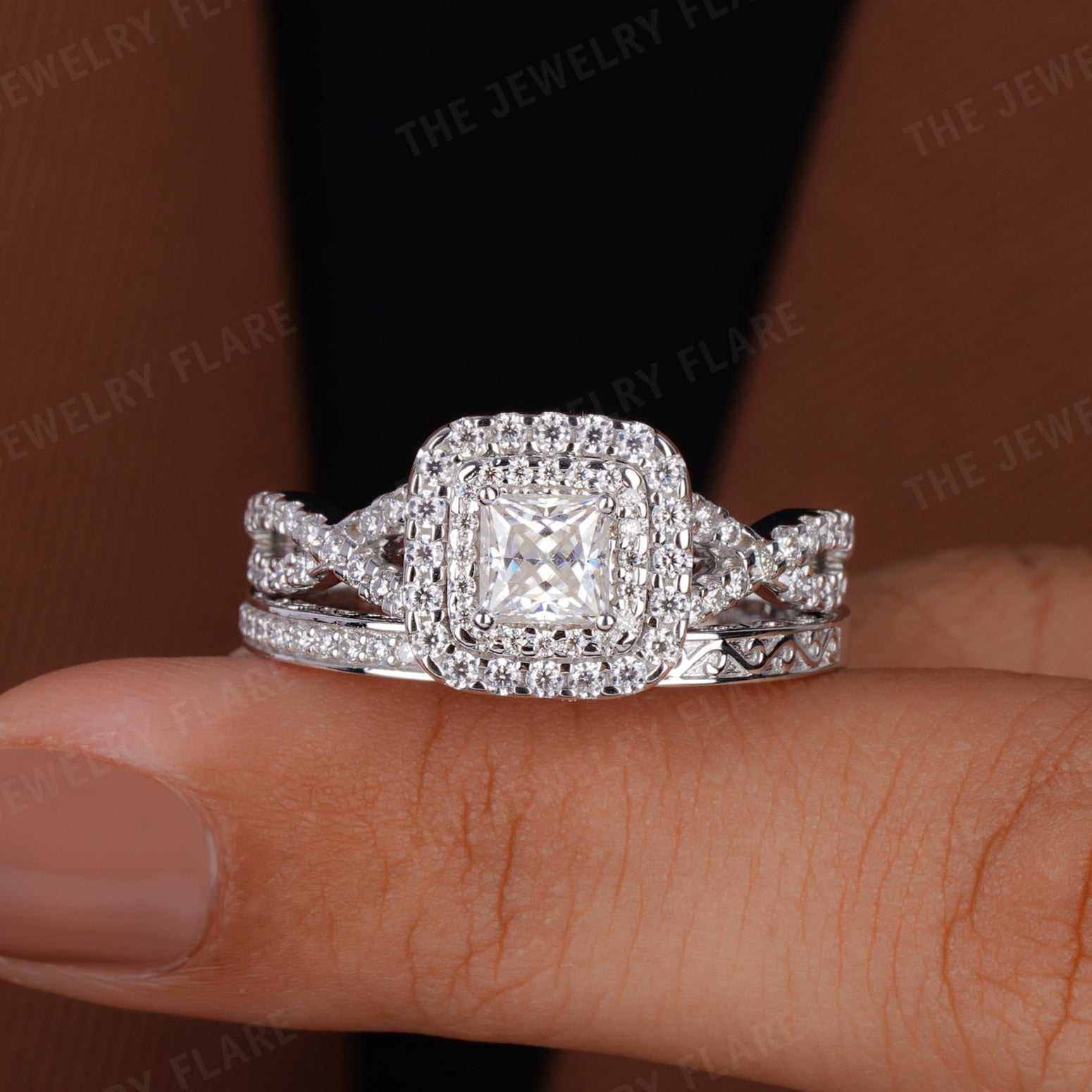 Princess Cut Halo Bridal Ring Set with Twisted Band