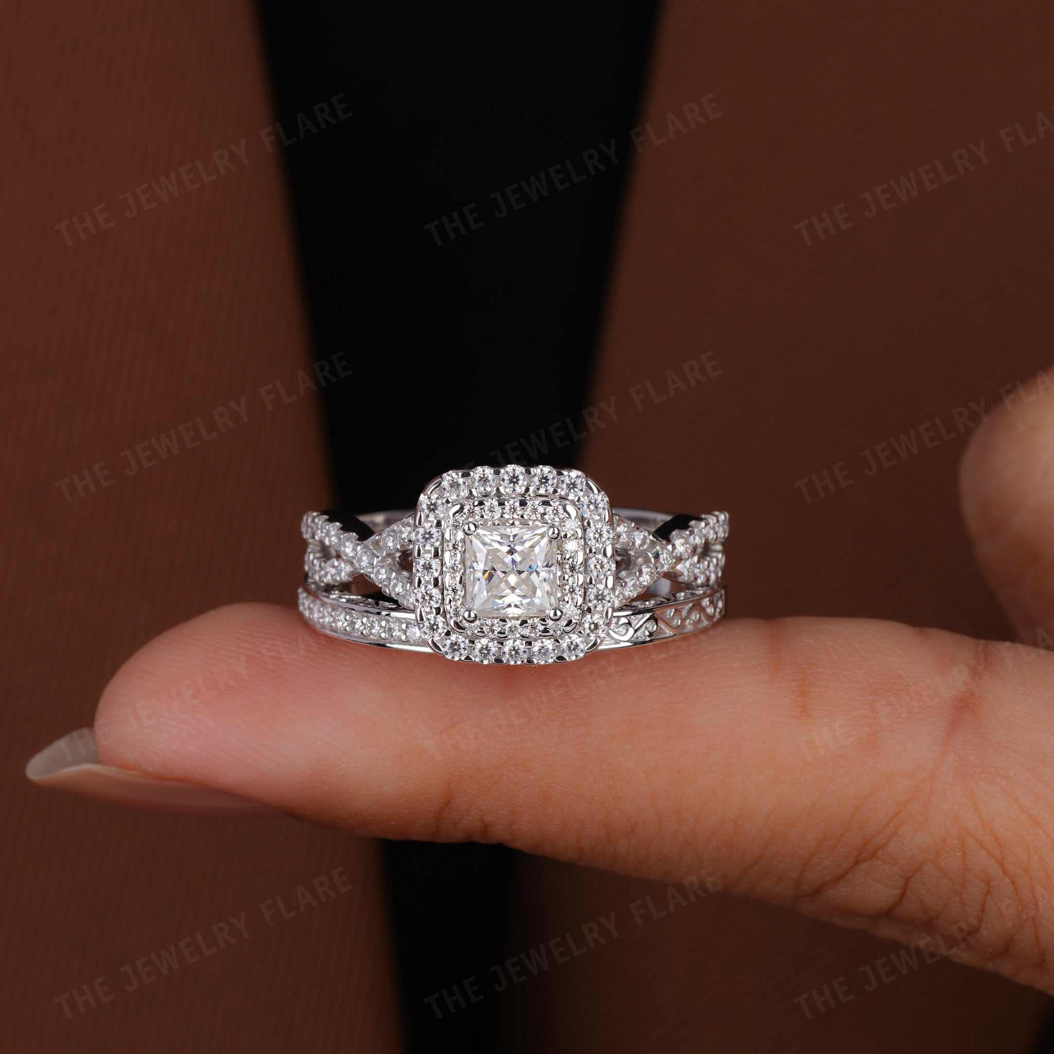 Princess Cut Halo Bridal Ring Set with Twisted Band