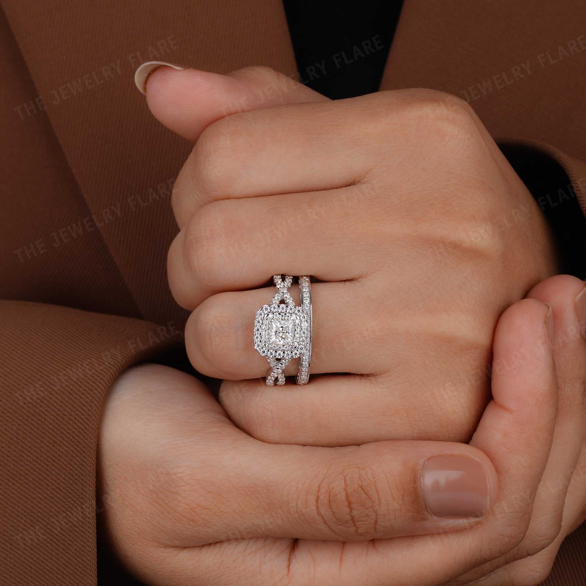 Princess Cut Halo Bridal Ring Set with Twisted Band