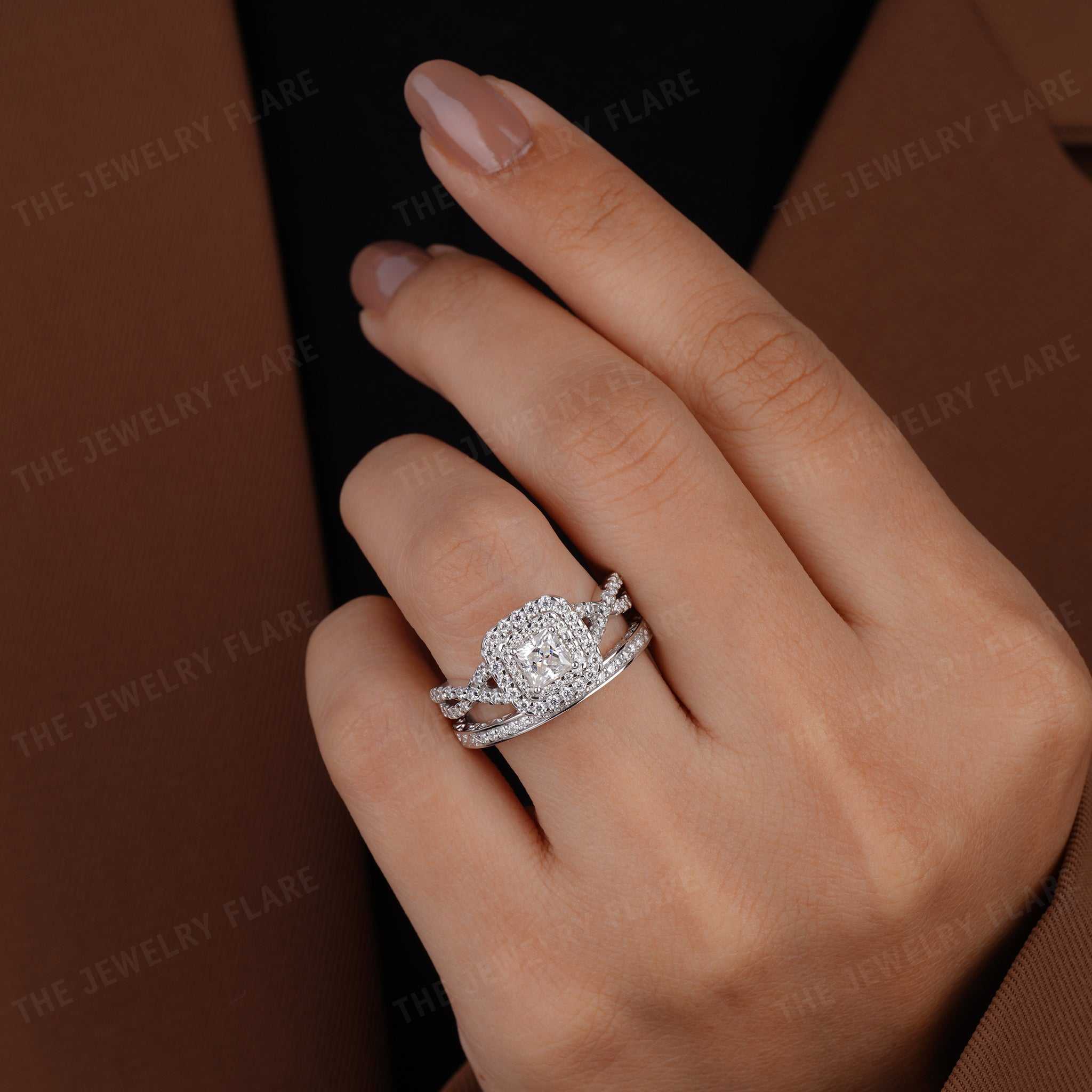 Princess Cut Halo Bridal Ring Set with Twisted Band