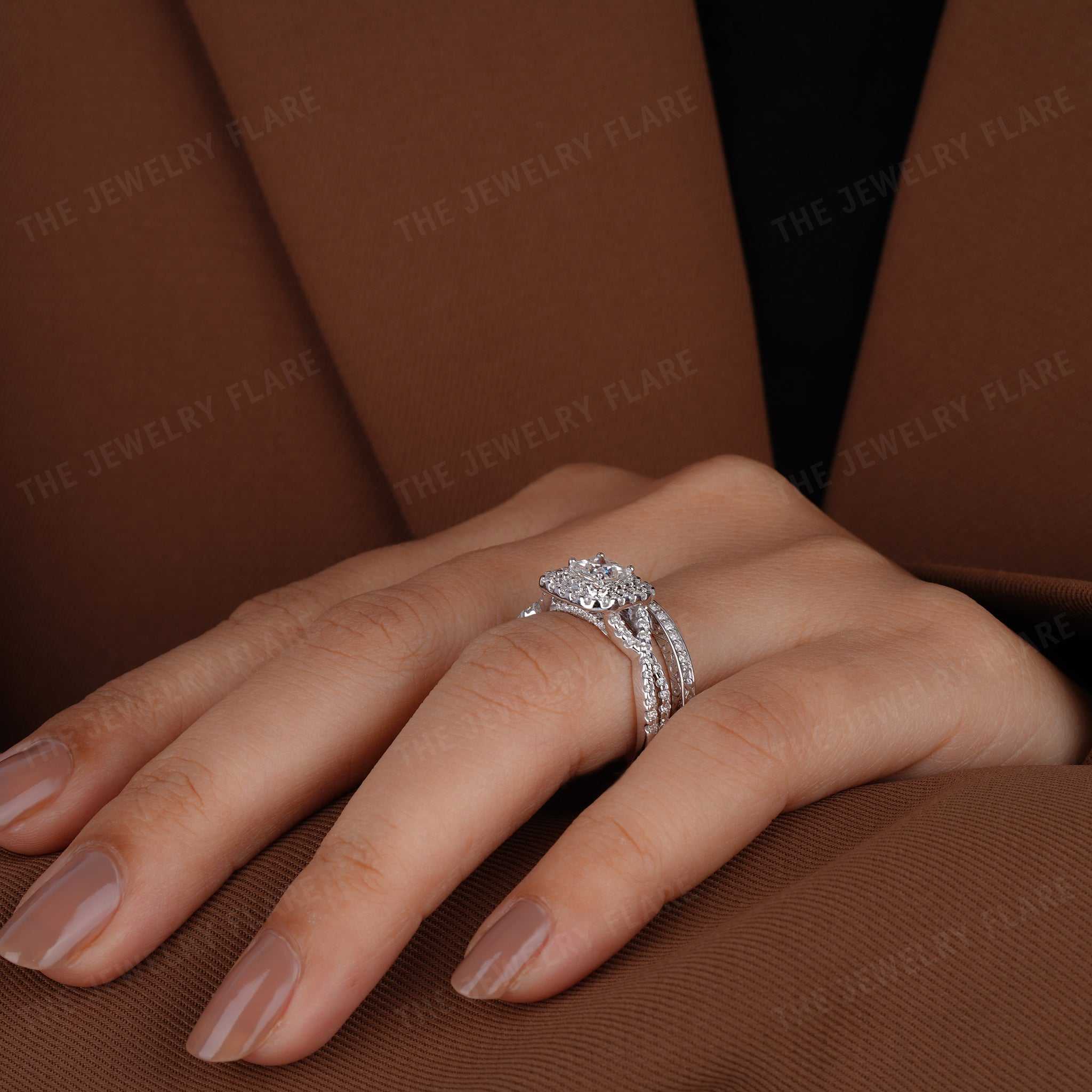 Princess Cut Halo Bridal Ring Set with Twisted Band