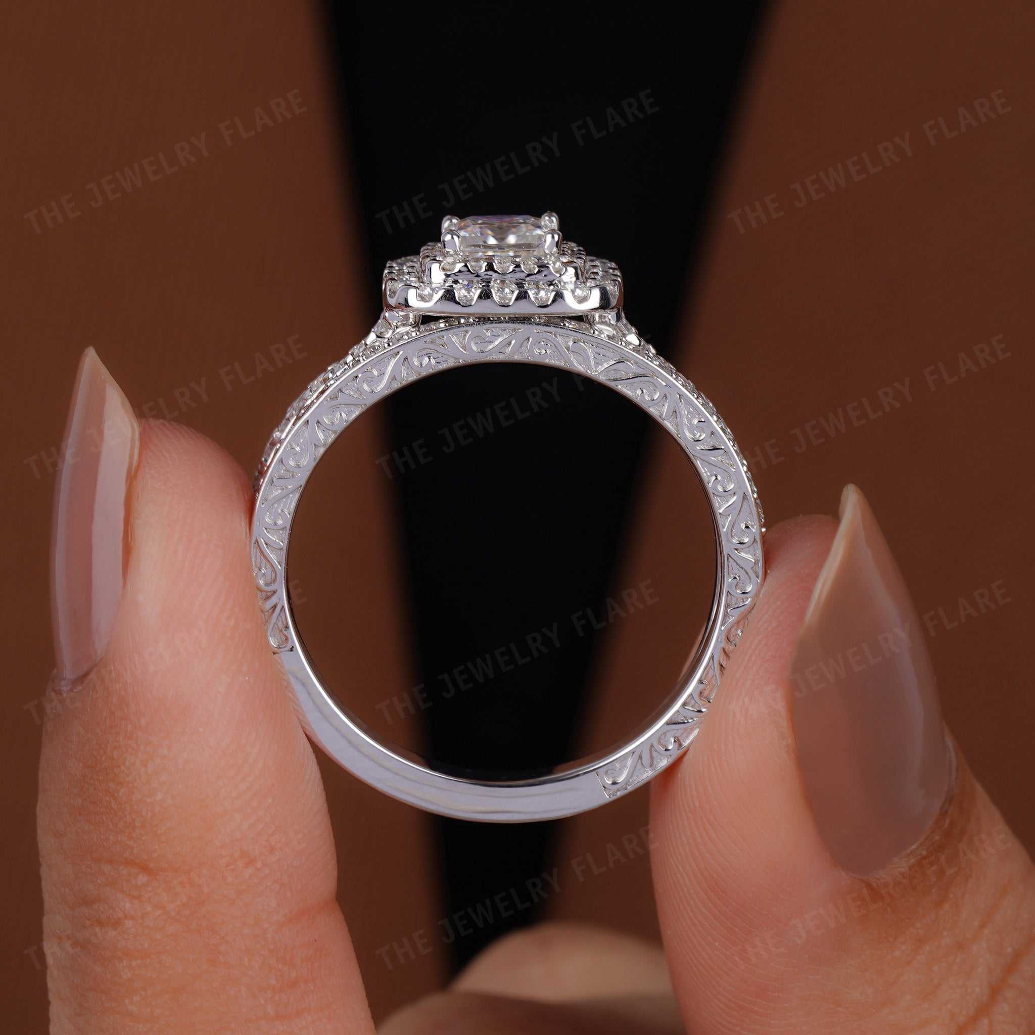Princess Cut Halo Bridal Ring Set with Twisted Band