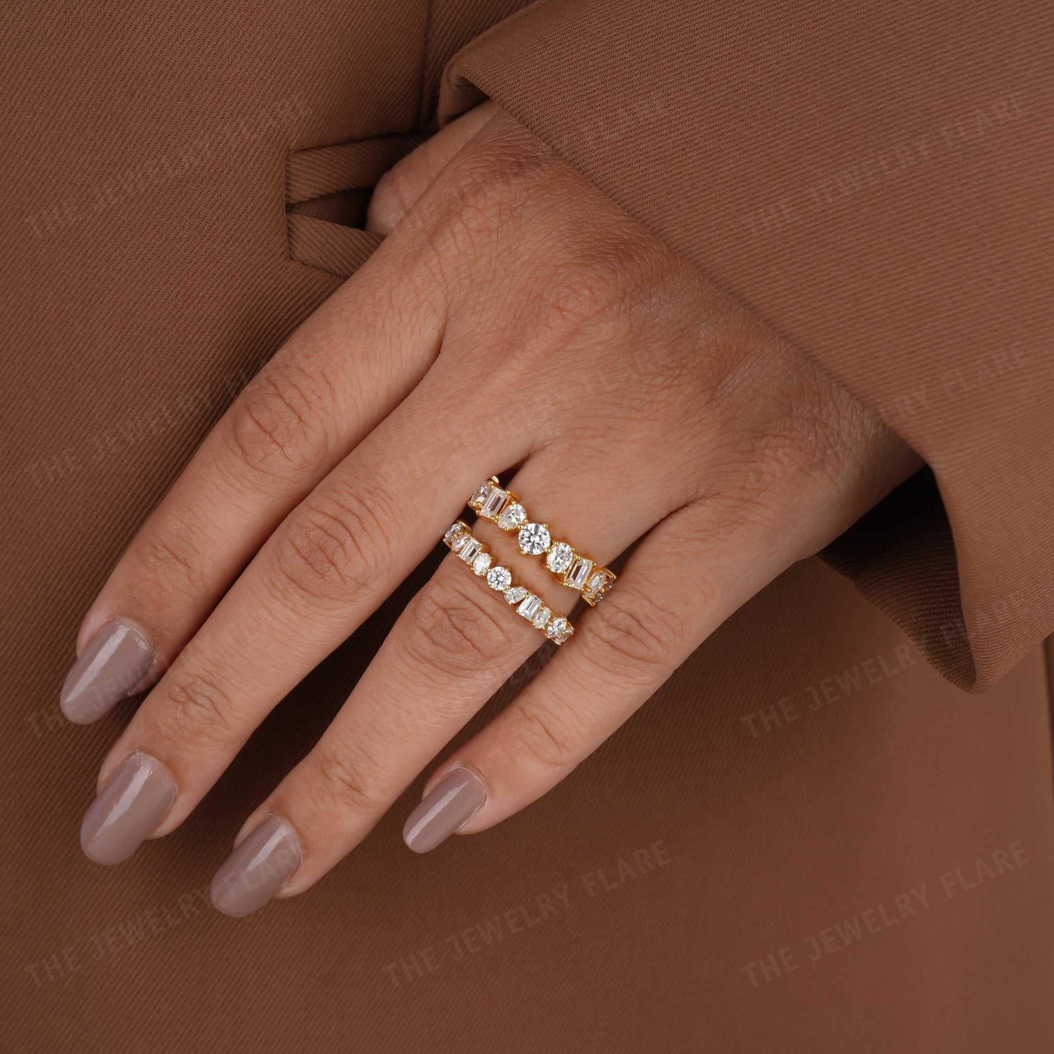 Multi Shaped Cluster Half Eternity Wedding Band Nine