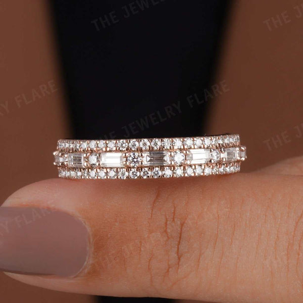 Baguette And Round Cut Three Row Half Eternity Wide Wedding Band First