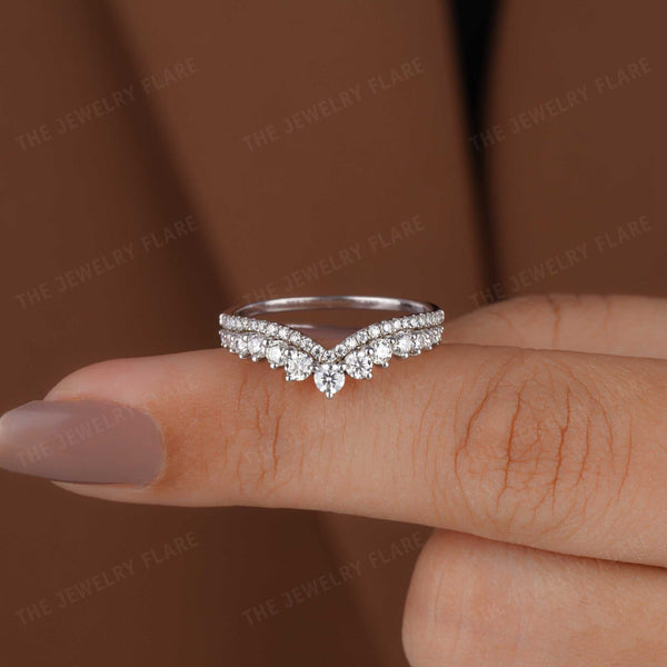 V Shaped Chevron Curved Pave Wedding Band First