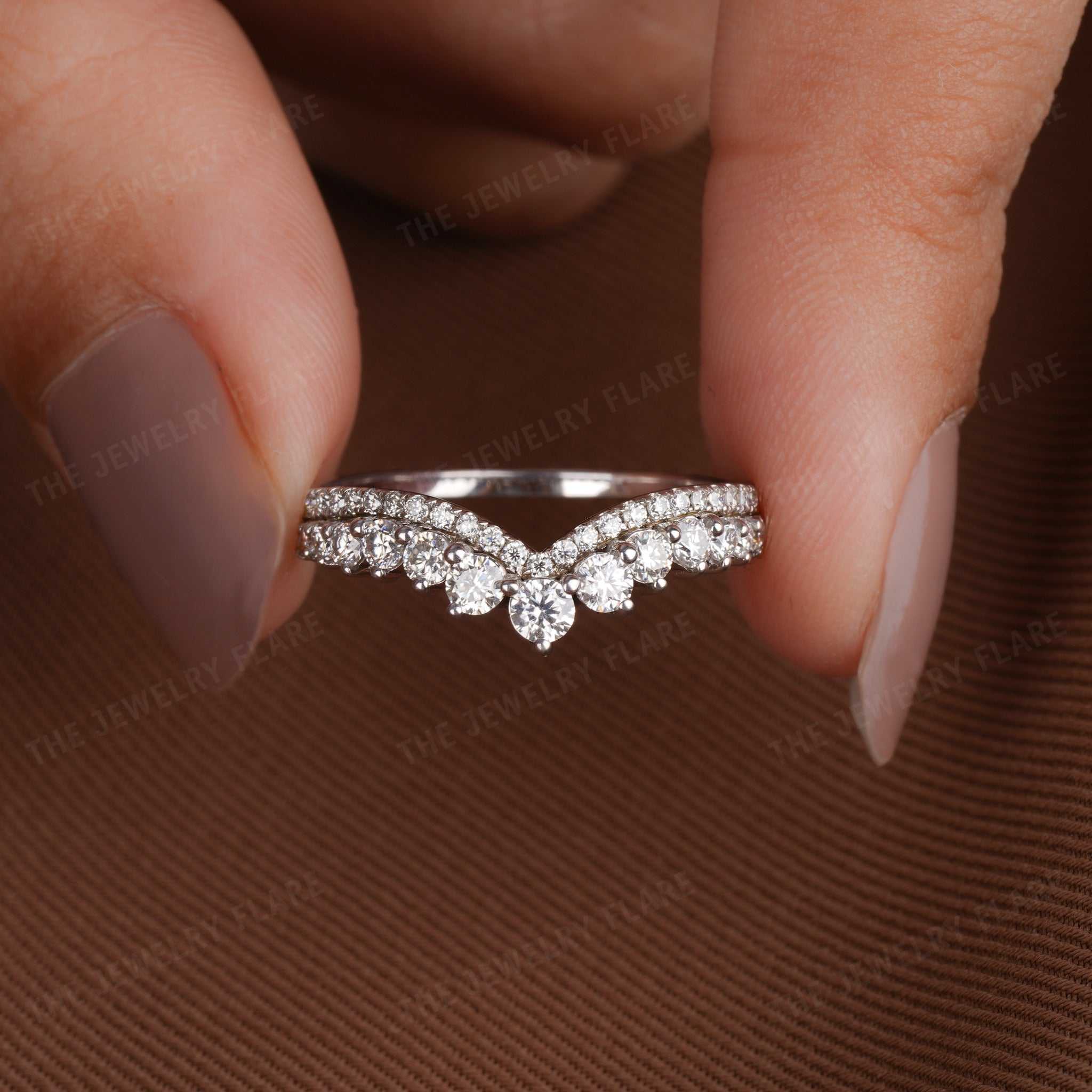 V Shaped Chevron Curved Pave Wedding Band Third