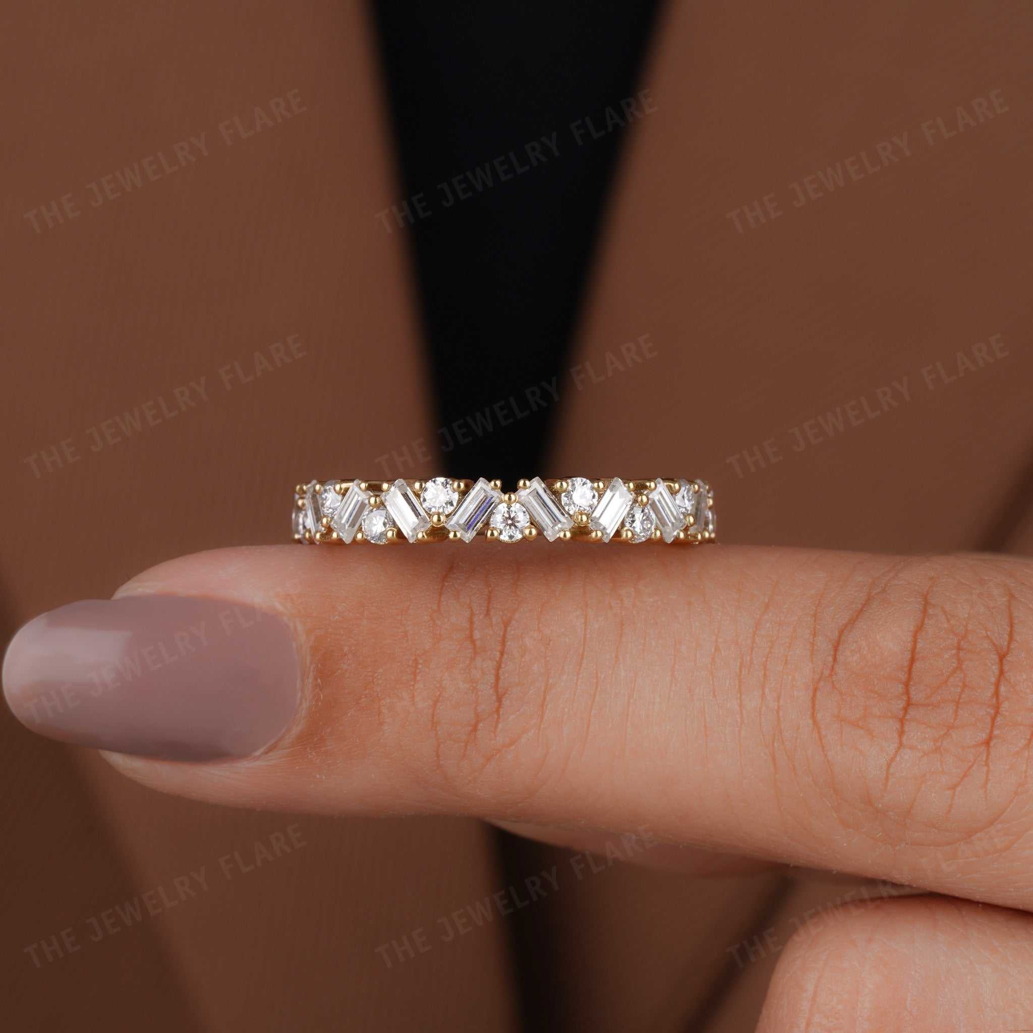 Baguette And Round Cut Half Eternity Stackable Wedding Ring Ten