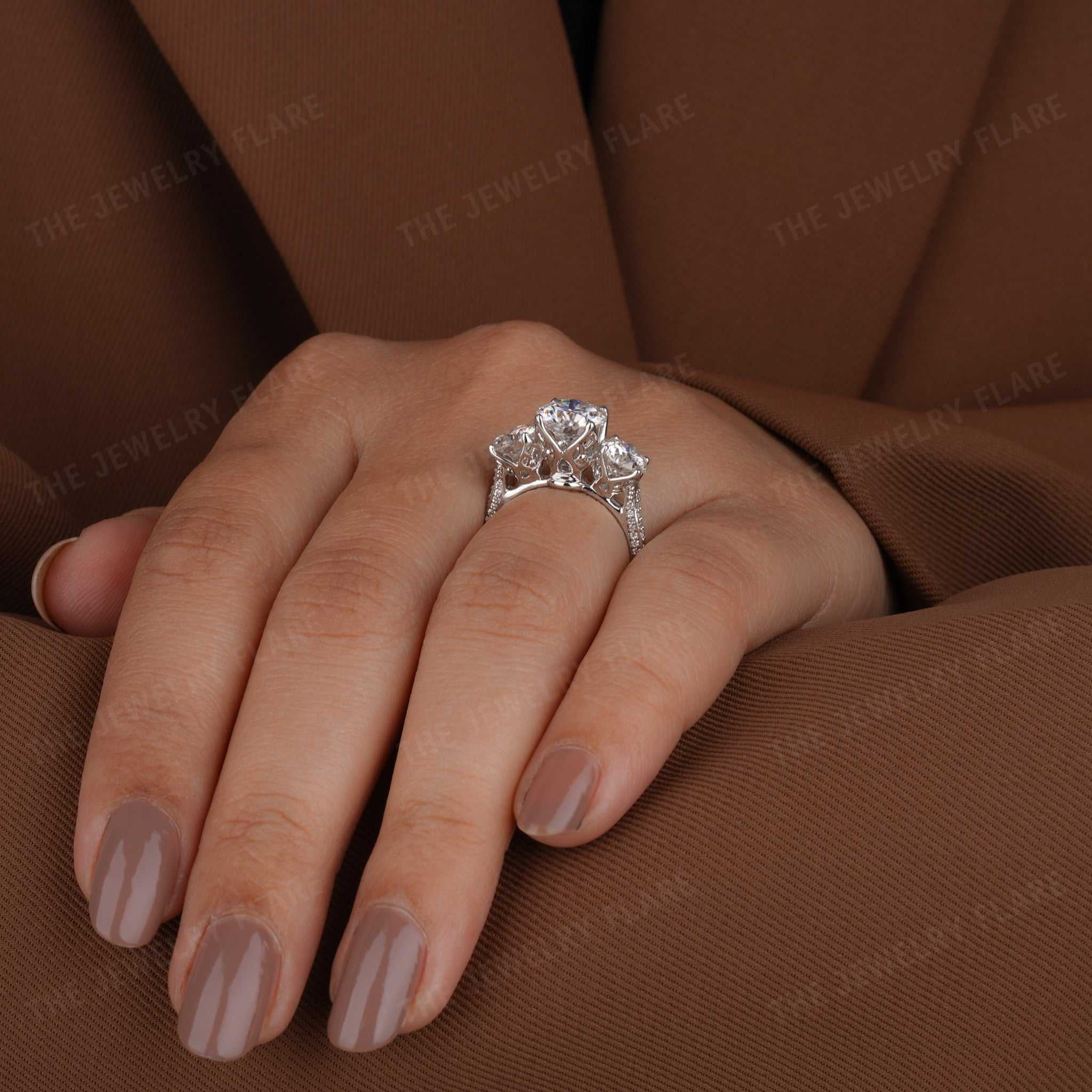 Flower Petal Three Stone Engagement Ring Fifth