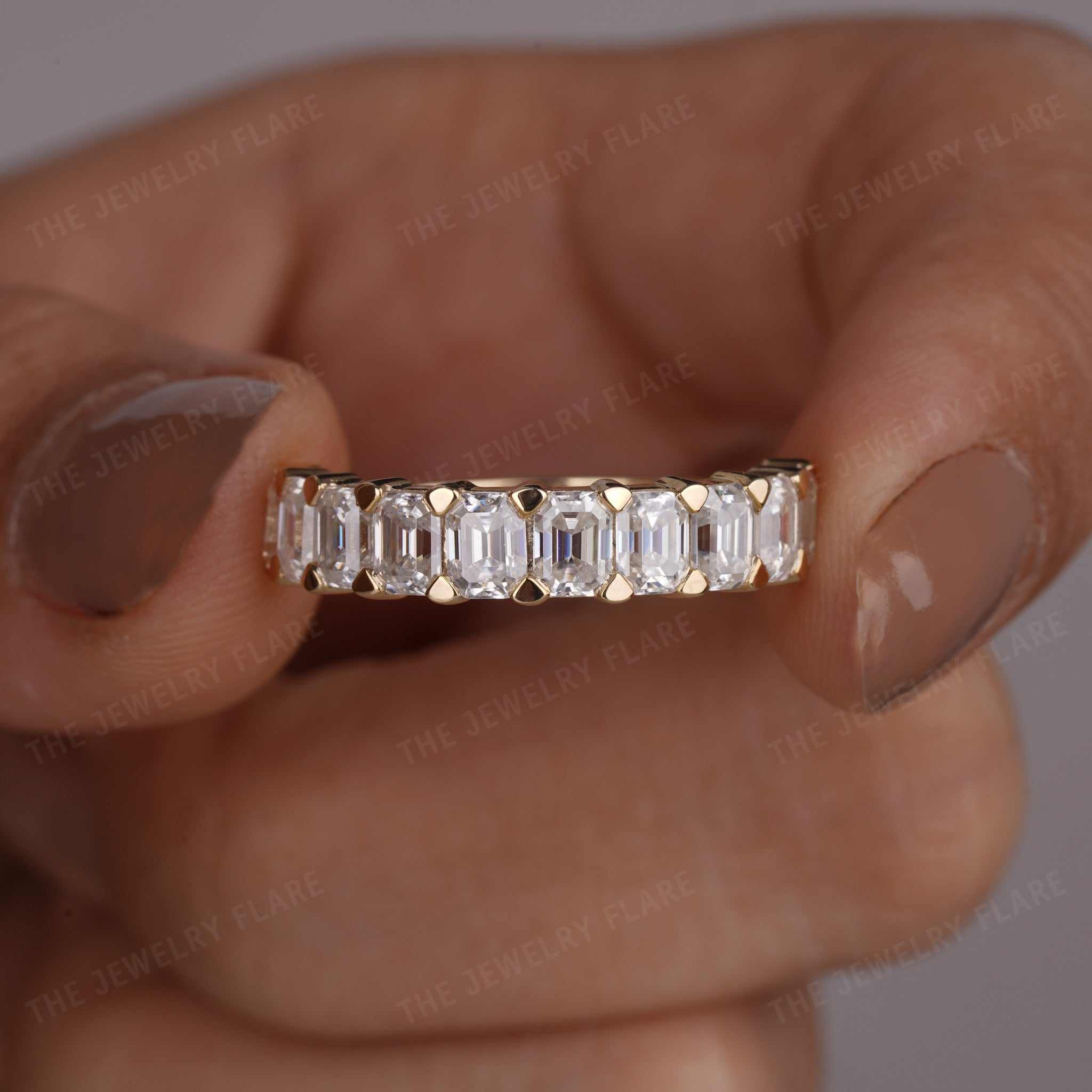 Emerald Cut Half Eternity Shared Prong Ring Six