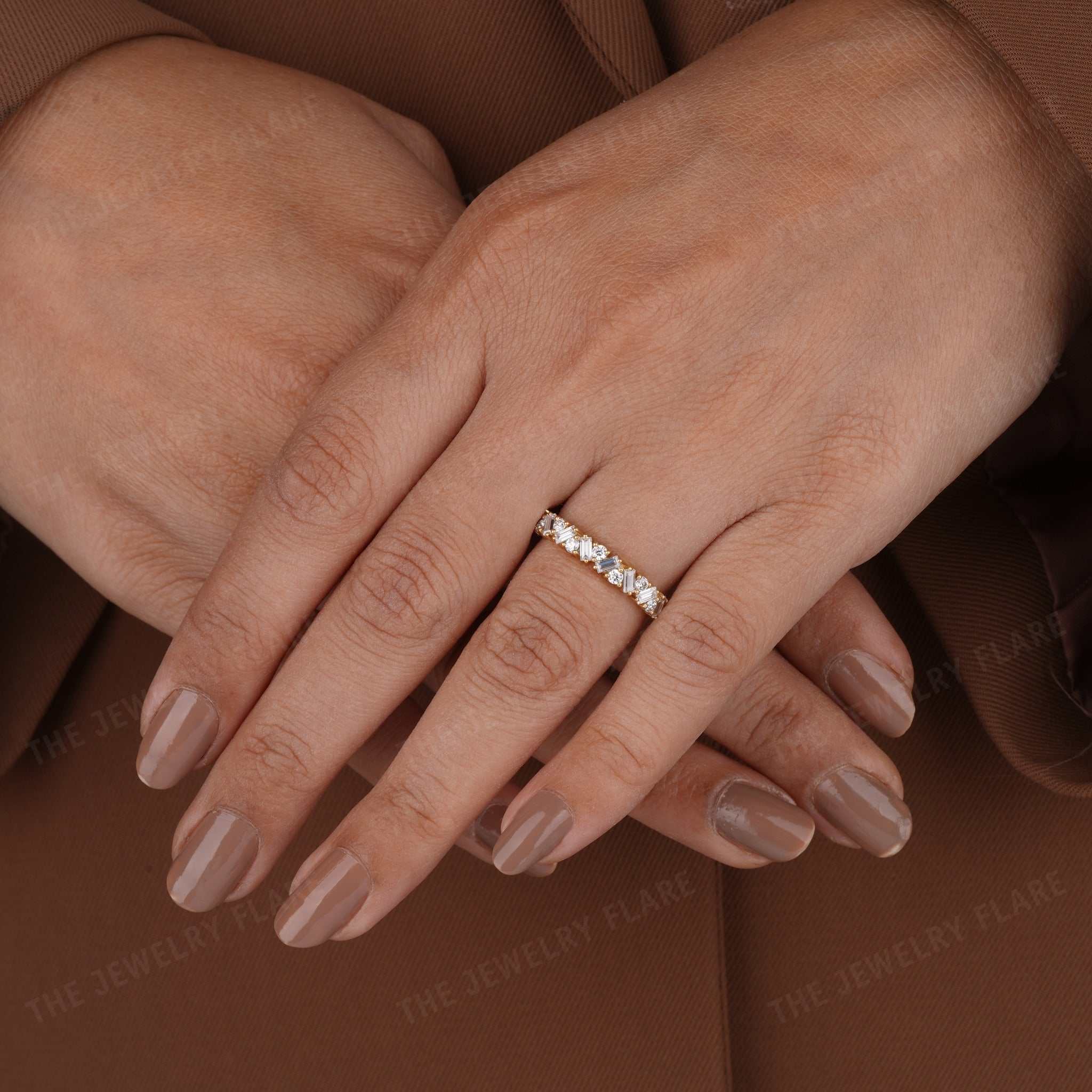 Baguette And Round Cut Half Eternity Stackable Wedding Ring Seven