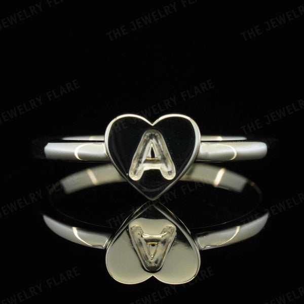 14K Solid Gold Heart Shaped Initial Ring For Kids Girls First