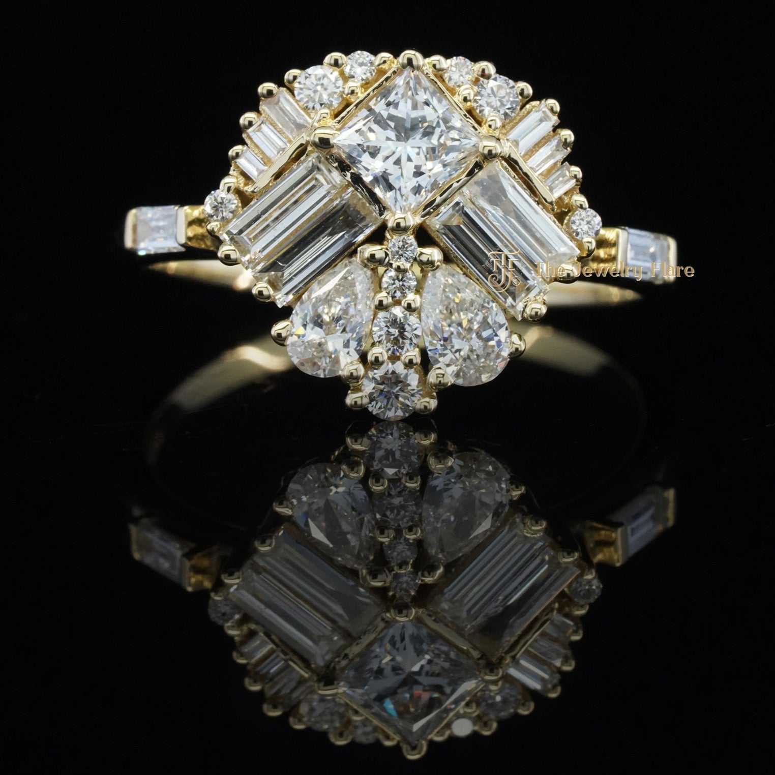 Mirrored Cluster Ring with Princess Cut Diamond